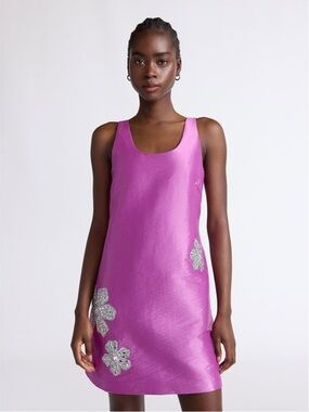 Scoop Purple Pink Sleeveless Taffeta Embellished Mini Shift Dress with Pockets